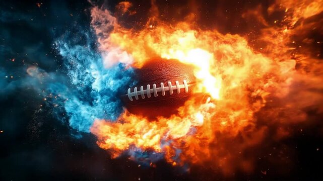 A  american football ball is in the middle of a fire. The fire is blue and red