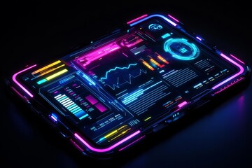 Obraz premium Strategic roadmap for 2025, digital tablet with holographic graphs, cyberpunk colors, high contrast