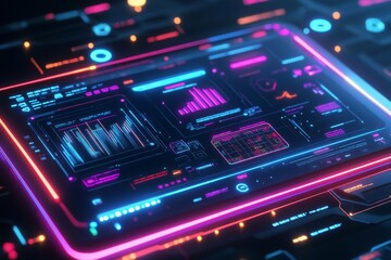 Obraz premium Strategic roadmap for 2025 on futuristic tablet, glowing digital details, neon colors, modern sleek style