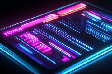 Strategic roadmap for 2025 on futuristic tablet, glowing digital details, neon colors, modern sleek style