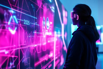 Virtual whiteboard showing 2025 objectives, digital hologram effects, sharp neon blue and pink lighting