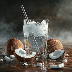Fotografía ultra realista de un vaso de agua de coco fresca con una pajilla, rodeado de trozos de coco.