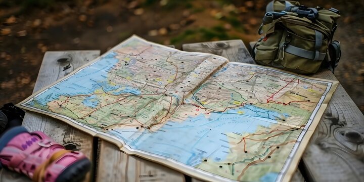 A detailed map spread out on a wooden table, accompanied by a backpack and hiking gear.