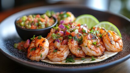 A plate of shrimp tacos with lime wedges and a side of salsa