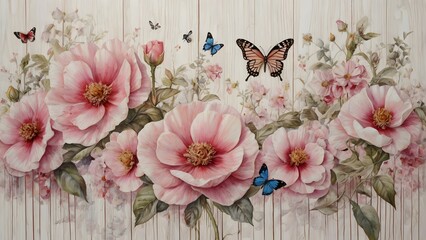 Delicate Pink Blooms and Butterflies on Rustic White Wood
