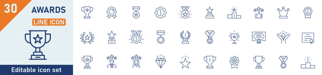 Awards line icon set. Set of 30 outline icons related to trophy, winner, medal, winner prize, success, best, reward, champion and others. Editable stroke. Vector illustration.