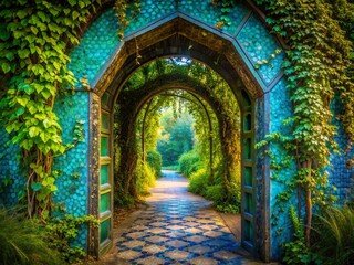 Fototapeta premium Enchanted Ancient Portal Archway Surrounded by Lush Greenery and Mosaic Glow