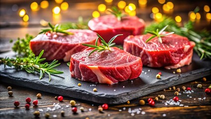 Slate-served raw beef steaks, vibrant bokeh. High-quality food photography.