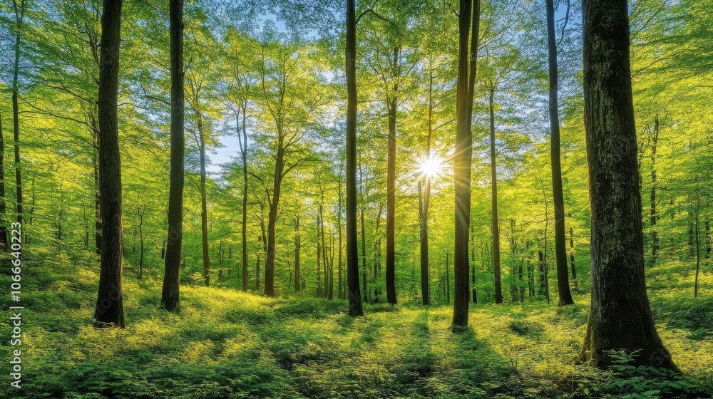 Poster sunlight filtering through lush green forest trees