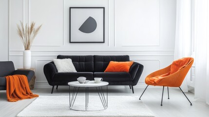 Modern Living Room with Black Sofa, Orange Chair, and Geometric Art