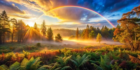 Obraz premium A vibrant rainbow arches over a tranquil forest, bathed in the golden glow of sunrise, as mist dances through the trees.