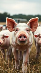 A piglet stands in a field of tall grass, looking directly at the camera