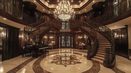 Obraz premium Grand Entrance Hall with Ornate Staircase and Chandelier
