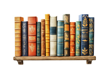 Row of beautifully decorated vintage-style books on wooden shelf, antique literature collection in classic colors isolated on transparent background, library decor and reading themes