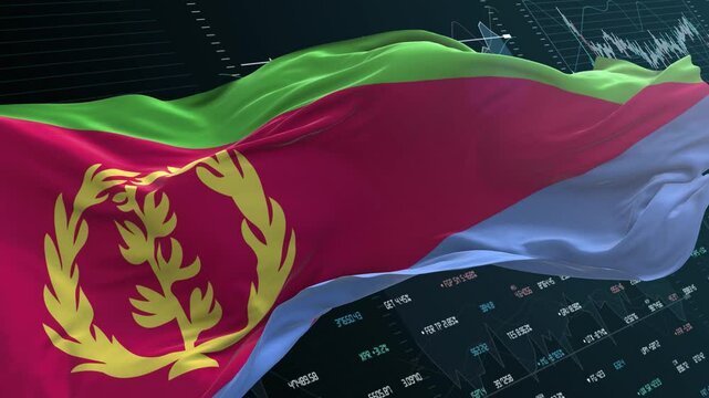 Eritrea flag - Waving flag on celebrating fireworks for national holiday day. Ceremony for patriotic celebration of nation 