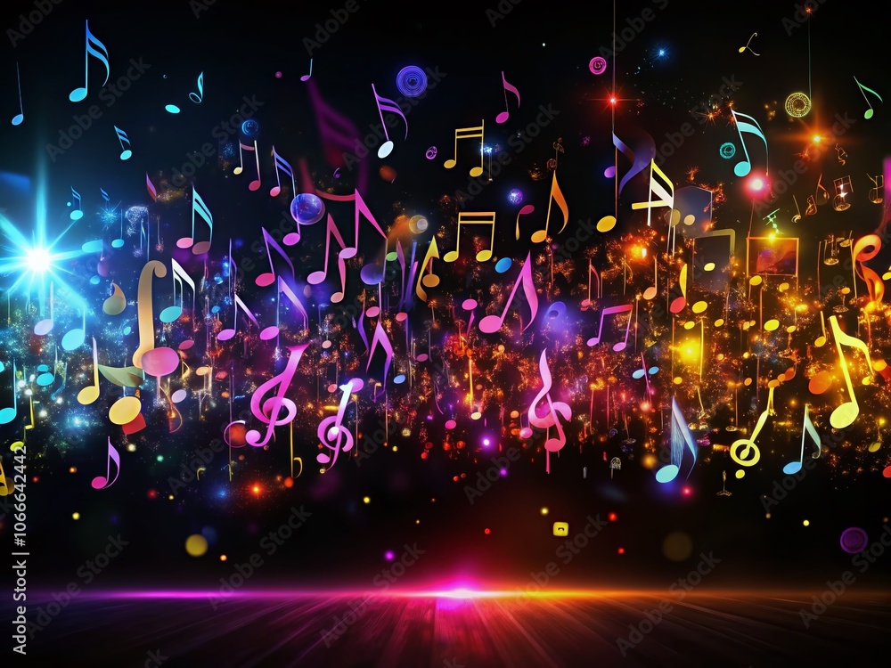 Poster enchanting music background with floating musical notes on black canvas for creative projects, digit