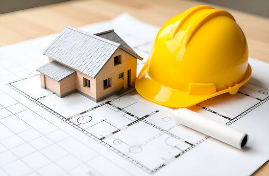 On the drawing of the floor plan of the house there is a model of a country house, and next to it lies a yellow construction helmet