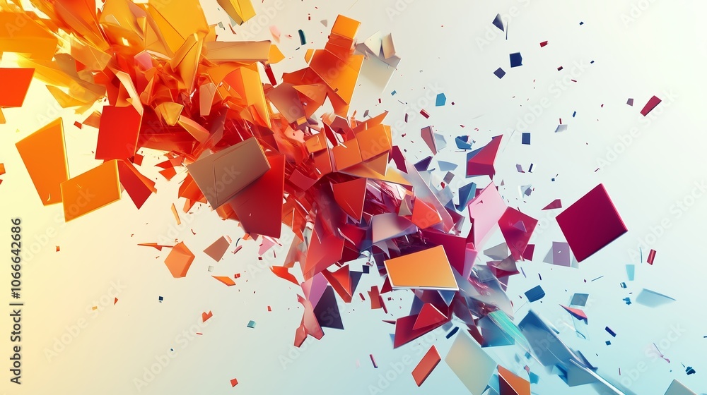 Poster vibrant explosion of colorful geometric shapes creating dynamic patterns in a digital art representa