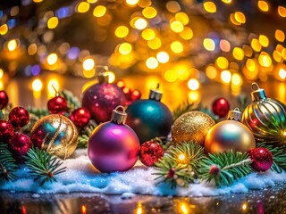 Enchanting Night Photography of Christmas Toys, Colorful Balls, and Garlands Creating a Magical Holiday Background for Festive Celebrations and Seasonal Decor Ideas