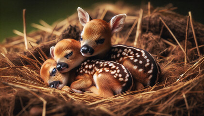 Obraz premium Adorable fawns cuddling together, peacefully resting in a nest of soft hay, symbolizing warmth and innocence