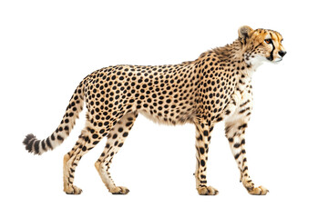 Obraz premium Side profile of graceful cheetah with distinct spots, isolated on transparent background, African wildlife, fastest animal, big cat, nature conservation, safari icon, unique pattern