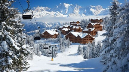 Majestic wooden chalets surrounded by snow-covered trees and mountains, featuring a ski lift and clear blue skies.