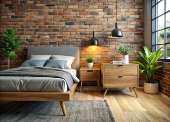 Stylish grey headboard complements a modern nightstand. 3D render.