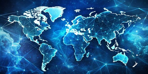 A Digital Map of the World Illuminated with Interconnected Lines and Points, Representing Global Networks and Relationships
