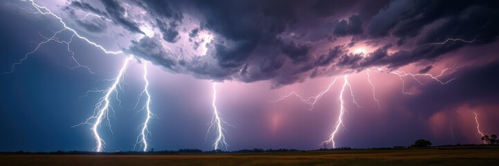 Lightning strikes illuminate the dark sky over a field during a powerful thunderstorm