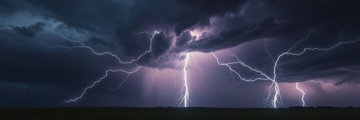 Lightning strikes illuminate the dark sky during a summer thunderstorm