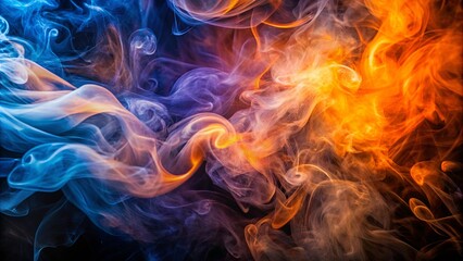 Fototapeta premium Abstract swirling ethereal smoke in contrasting hues of blue and orange against a dark background.