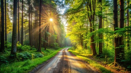 Fototapeta premium Summer forest, muddy gravel road - rule of thirds composition.