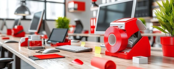 Modern Office Desk with Red Tape Dispenser.