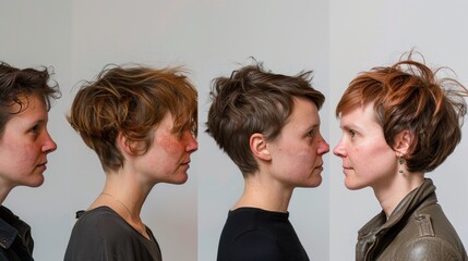 Fototapeta premium Hairstyle Evolution: A series of photos documenting a woman's journey through diverse hairstyles, celebrating her evolution and self-discovery in beauty. 