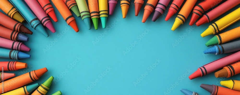 Poster crayons of various colors arranged in a circular pattern on a bright blue background, creating a pla