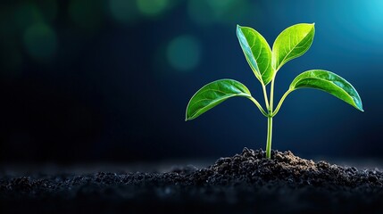 A small green plant is growing in the dirt