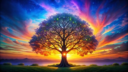 Obraz premium Ethereal Tree of Life Silhouette Art Print Design for Tranquil Home Decor, Nature Inspired Wall Art, Spiritual Symbolism, Minimalist Artwork, Unique Gifts, Eco-friendly Prints