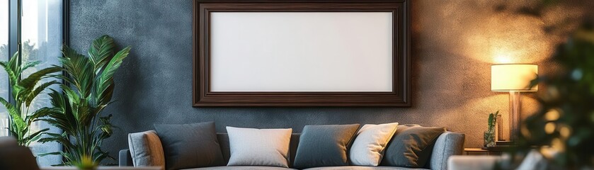 A modern living room featuring a stylish couch, indoor plants, a blank frame, and a warm lamp, creating a cozy and inviting atmosphere.