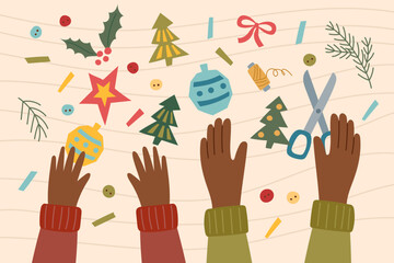 Handmade Christmas card. Sustainable Christmas concept. Eco friendly handmade decoration. Family concept.