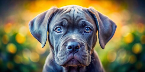 A tiny Cane Corso puppy, eyes wide with wonder, stares into the camera with playful charm, its features softened by a delightful tilt-shift effect.