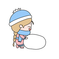 A girl wearing a blue hat and a blue scarf is holding a white snow ball