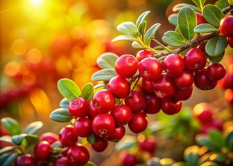 Autumnal lingonberries on branches, blank space.