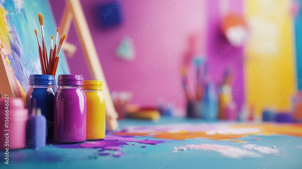 Poster vibrant palette with an assortment of colorful brushes in a creative workspace showcasing the tools 