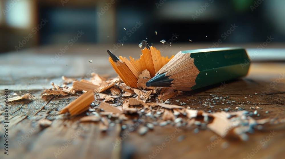 Poster wooden pencil sharpener creating a sharp pointed pencil tip and producing wood shavings scattered on