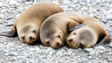 Fototapeta premium Three Sea Lions Napping on a Pebble Beach