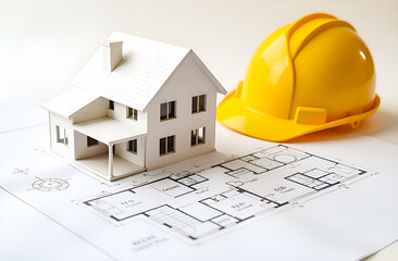 On the floor plan drawing of the house there is a model of the house, and next to it lies a yellow construction helmet