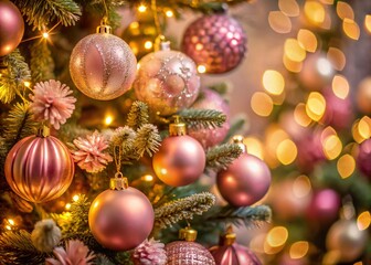 Festive Low Light Photography of Gold Bauble Decorations on a Pink Christmas Tree, Capturing the Warm Glow of Holiday Cheer and Elegant D&eacute;cor