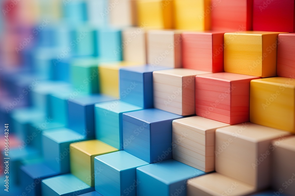 Poster colorful wooden blocks arranged in gradient patterns create a visually appealing display indoors