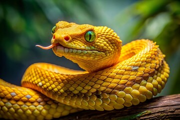 Fototapeta premium Capture the Golden Eyelash Viper's beauty using the Rule of Thirds, creating captivating compositions.