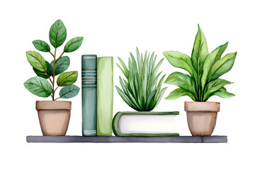 Fototapeta premium Living room table with books and plants watercolor illustration isolated on white